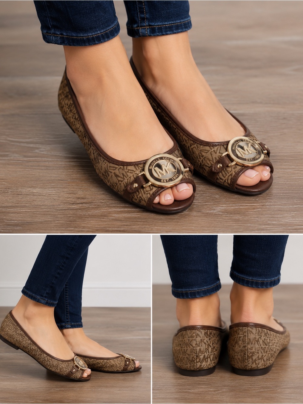 Michael Kors Brown Logo Open-Toe Ballet Flats with Gold Medallion